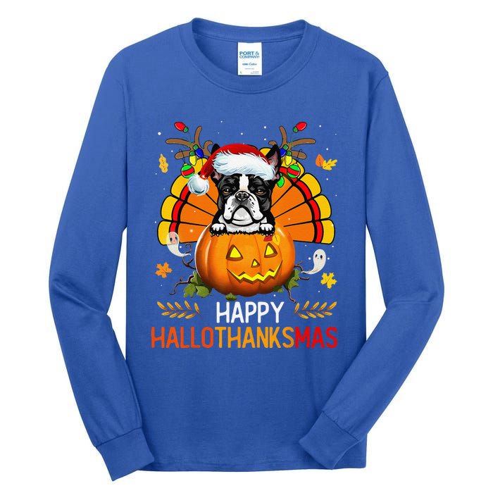 Boston Terrier Happy Hallothanksmas Halloween Christmas Tall Long Sleeve T-Shirt