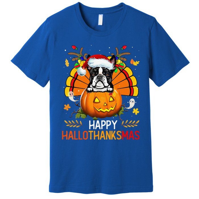 Boston Terrier Happy Hallothanksmas Halloween Christmas Premium T-Shirt