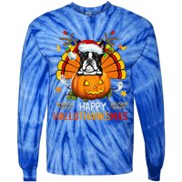 Boston Terrier Happy Hallothanksmas Halloween Christmas Tie-Dye Long Sleeve Shirt