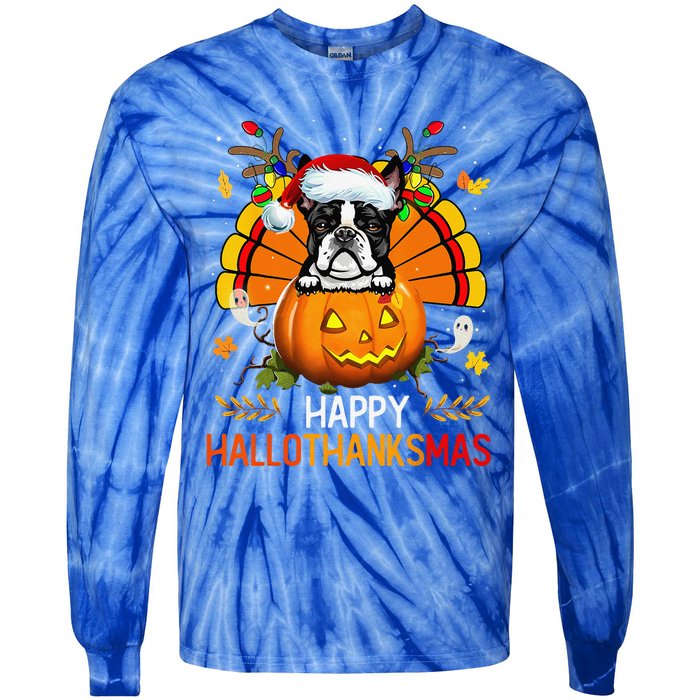 Boston Terrier Happy Hallothanksmas Halloween Christmas Tie-Dye Long Sleeve Shirt