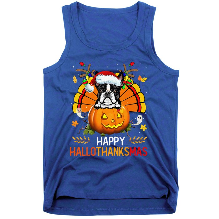 Boston Terrier Happy Hallothanksmas Halloween Christmas Tank Top