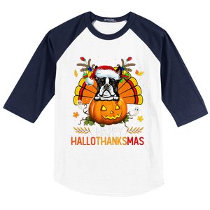 Boston Terrier Happy Hallothanksmas Halloween Christmas Baseball Sleeve Shirt