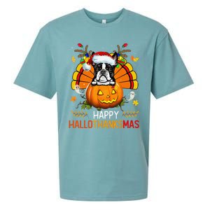 Boston Terrier Happy Hallothanksmas Halloween Christmas Sueded Cloud Jersey T-Shirt