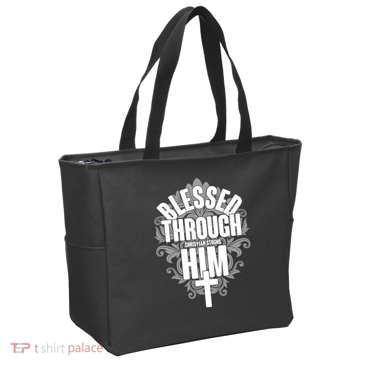 Blessed Through Him Christian Strong Zip Tote Bag
