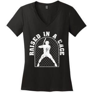 Baseball Training Homerun Batter Catcher Raised In A Cage Women's V-Neck T-Shirt