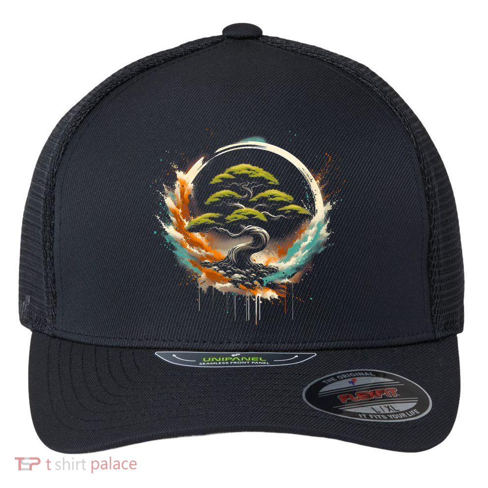 Bonsai Tree In Japanese Zen Buddhist Enso Circle Christmas Flexfit Unipanel Trucker Cap