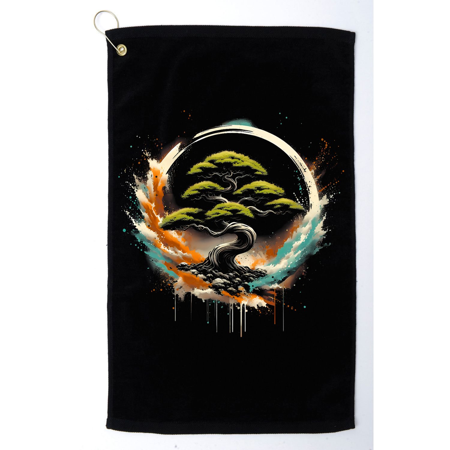 Bonsai Tree In Japanese Zen Buddhist Enso Circle Christmas Golf Towel