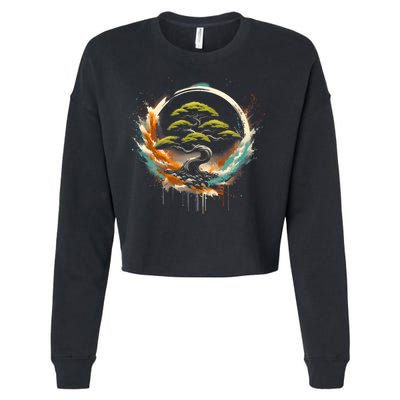 Bonsai Tree In Japanese Zen Buddhist Enso Circle Christmas Cropped Pullover Crew