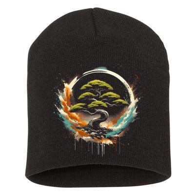 Bonsai Tree In Japanese Zen Buddhist Enso Circle Christmas Short Acrylic Beanie