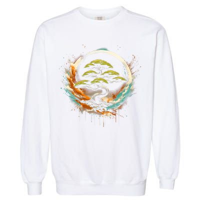 Bonsai Tree In Japanese Zen Buddhist Enso Circle Christmas Garment-Dyed Sweatshirt