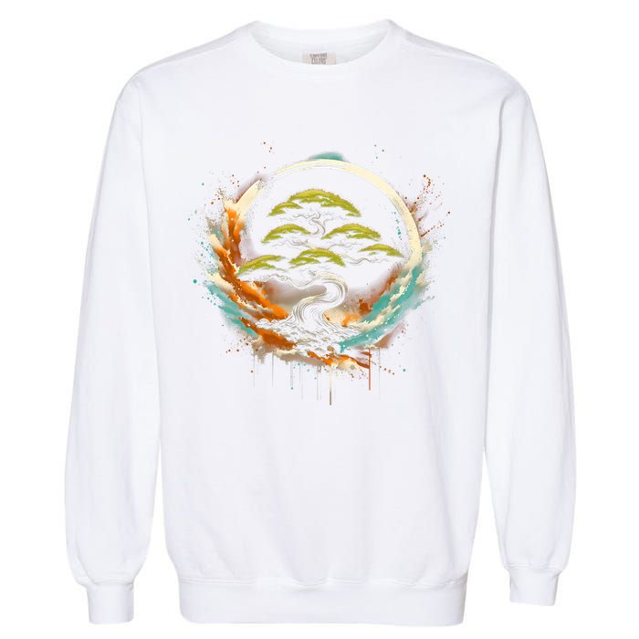 Bonsai Tree In Japanese Zen Buddhist Enso Circle Christmas Garment-Dyed Sweatshirt