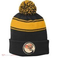 Bonsai Tree in Enso Circle Japanese Zen Stripe Pom Pom Beanie
