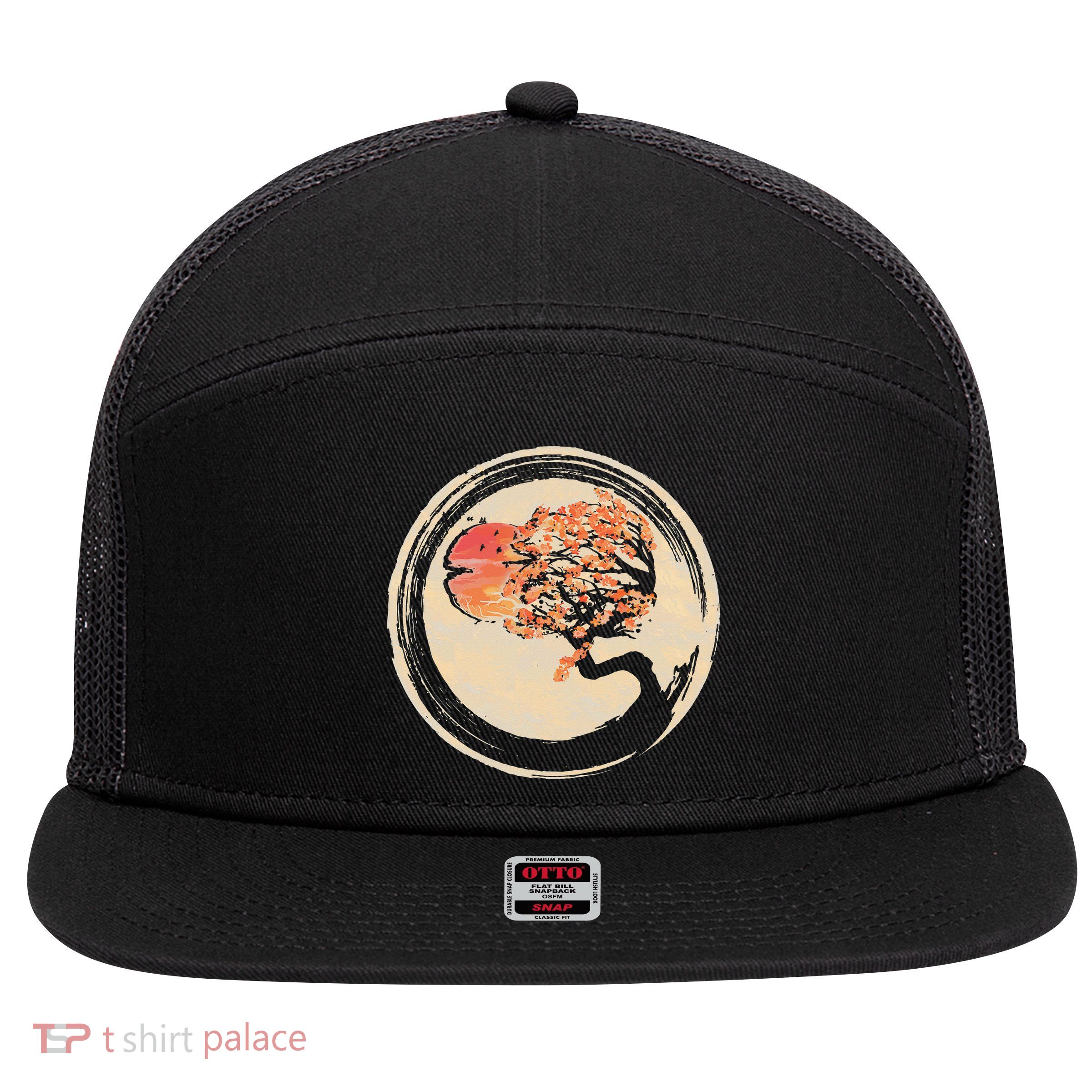 Bonsai Tree in Enso Circle Japanese Zen 7 Panel Mesh Trucker Snapback Hat
