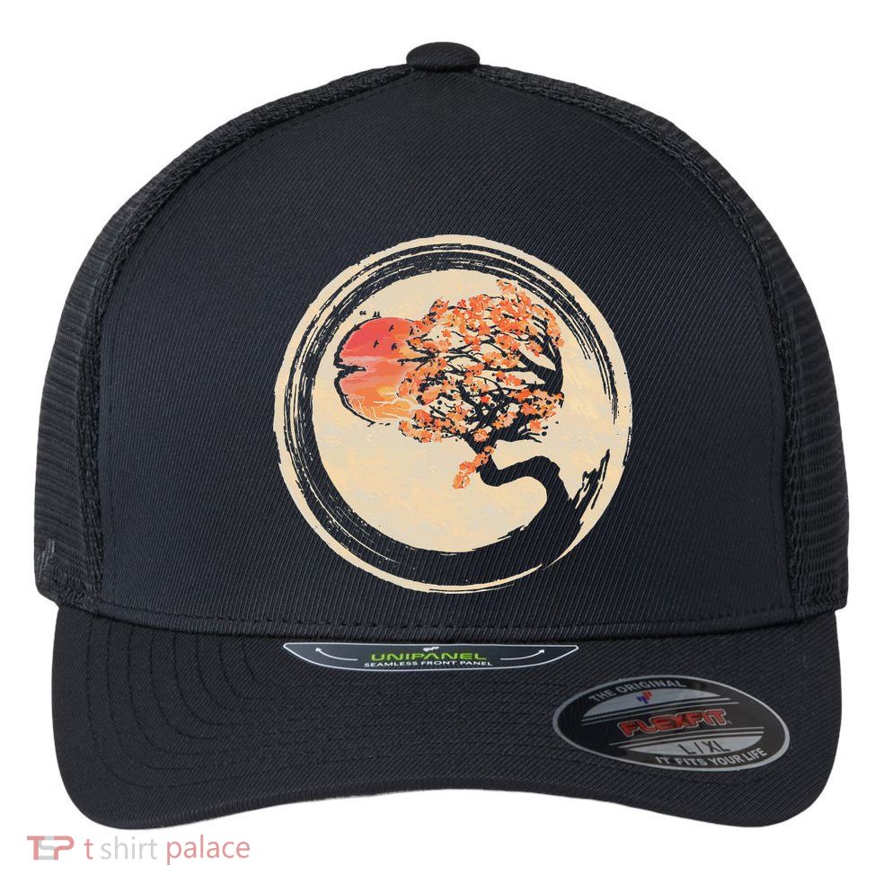 Bonsai Tree in Enso Circle Japanese Zen Flexfit Unipanel Trucker Cap