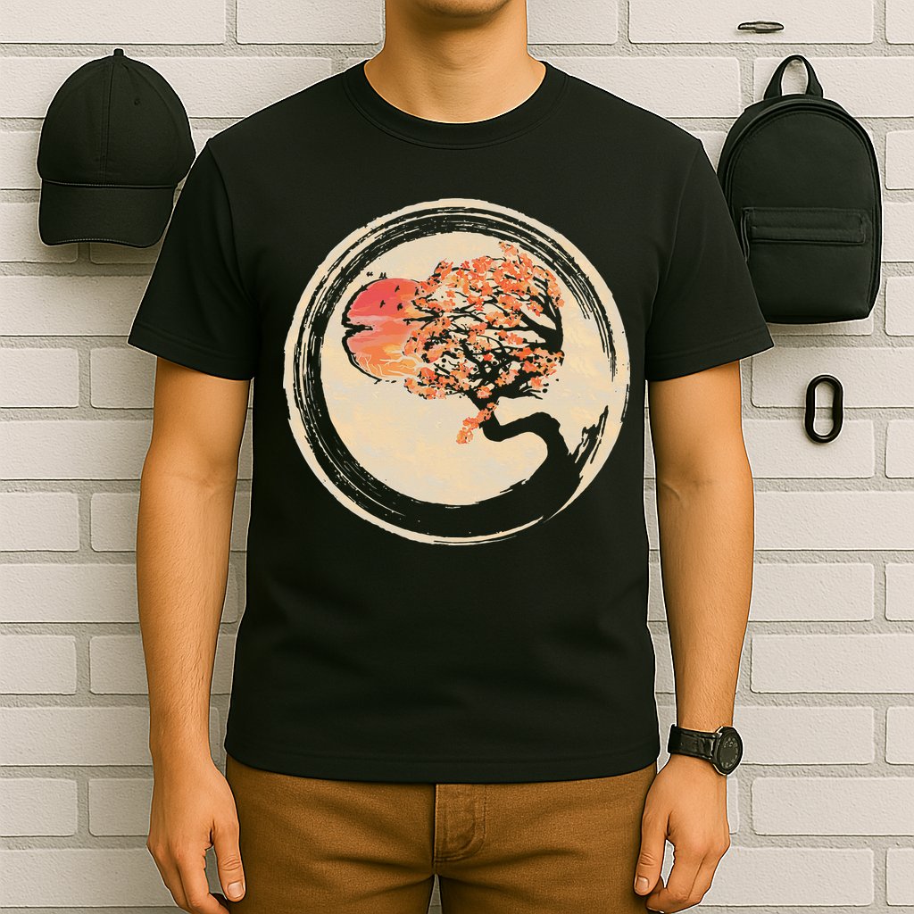 Bonsai Tree in Enso Circle Japanese Zen T-Shirt