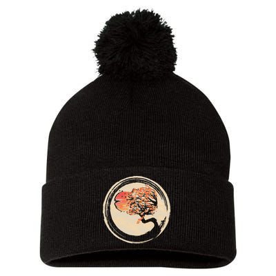 Bonsai Tree in Enso Circle Japanese Zen Pom Pom 12in Knit Beanie
