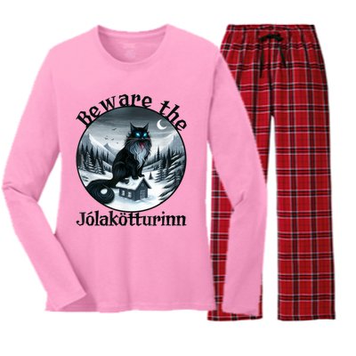 Beware The Jolakotturinn Yule Cat Icelandic Christmas Norse Women's Long Sleeve Flannel Pajama Set 