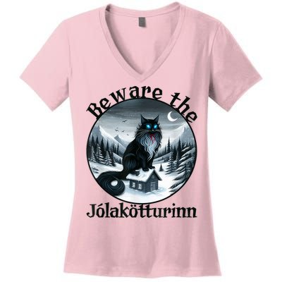 Beware The Jolakotturinn Yule Cat Icelandic Christmas Norse Women's V-Neck T-Shirt