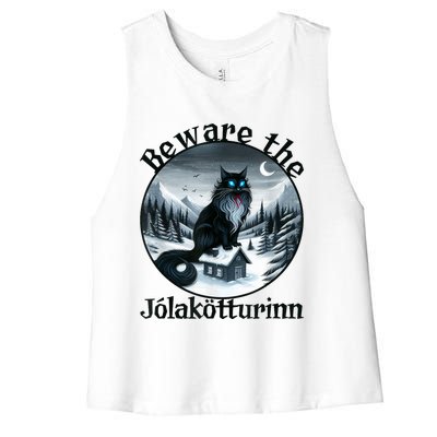 Beware The Jolakotturinn Yule Cat Icelandic Christmas Norse Women's Racerback Cropped Tank