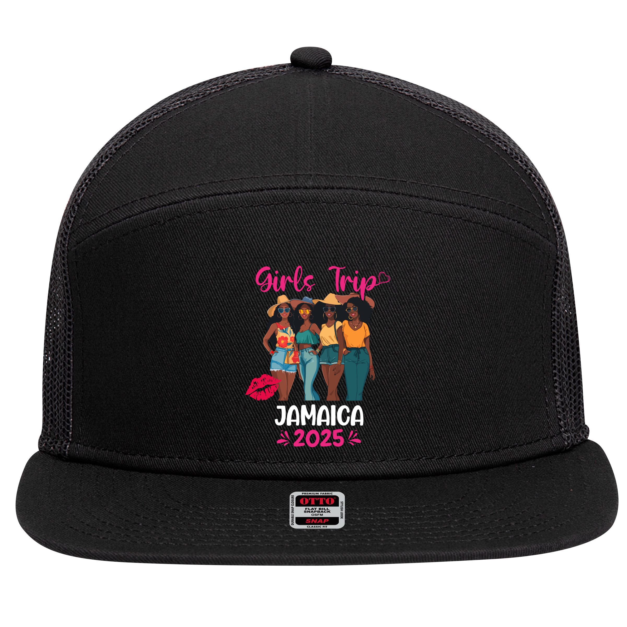 Black Trip Jamaica 2025 Vacation Matching Cute Gift 7 Panel Mesh Trucker Snapback Hat