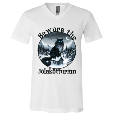 Beware The Jolakotturinn Yule Cat Icelandic Christmas Norse V-Neck T-Shirt