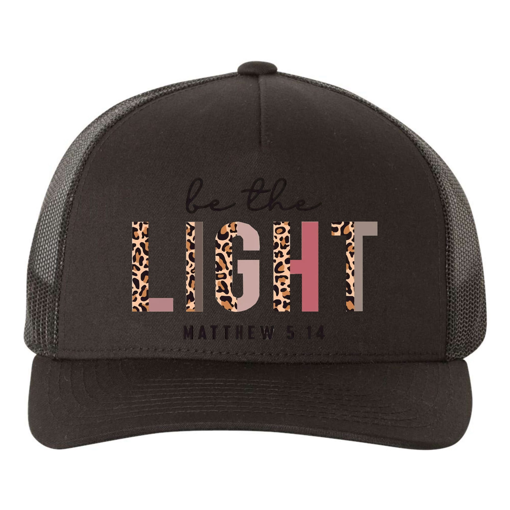 Be The Light Matthew Christian Faith Bible Verse Leopard Yupoong Adult 5-Panel Trucker Hat