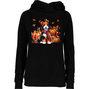 Bernedoodle Thanksgiving Leopard Pumpkins Fall Leaves Lover Womens Funnel Neck Pullover Hood