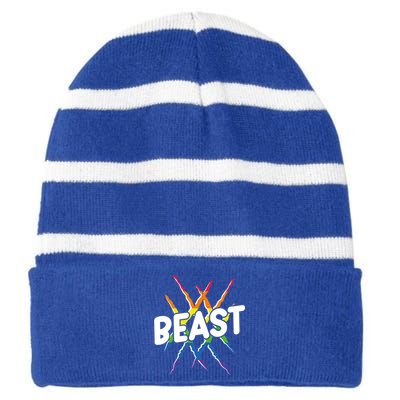 Beast Tiger Lion Claw Funny Lgbtq Awareness Rainbow Pride Gift Striped Beanie with Solid Band