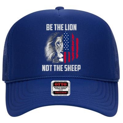 Be The Lion Not The Sheep Patriotic American Flag High Crown Mesh Back Trucker Hat