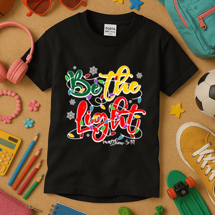 Be The Light Matthew 5 14 Jesus Christmas Lights Kids T-Shirt