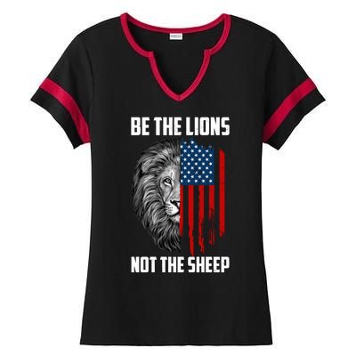 Be The Lions Not The Sheep USA American Flag Ladies Halftime Notch Neck Tee