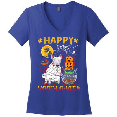 Bull Terrier Mummy Happy Woofgreat Giftlogreat Giftween Halloween Pumpkin Gift Women's V-Neck T-Shirt