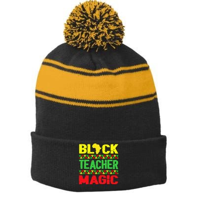 Black Teacher Magic Melanin Pride Juneteenth History Month Stripe Pom Pom Beanie