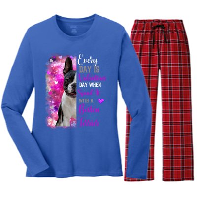 Boston Terrier Mom Funny Valentines Day Dog Lovers Hearts Gift Women's Long Sleeve Flannel Pajama Set 