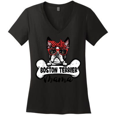 Boston Terrier Mama Dog Bone Mothers Day Dog Mom Women's V-Neck T-Shirt