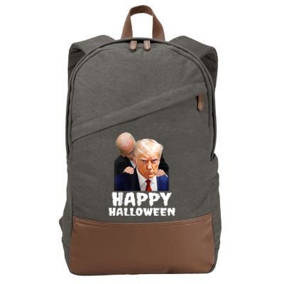 Biden Trump Mugshot Happy Halloween In Prison MUG SHOT Cotton Canvas Backpack