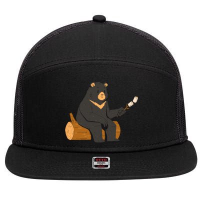 Bear Toasting Marshmallows Camping Crew Road Trip Funny Gift 7 Panel Mesh Trucker Snapback Hat