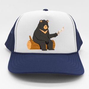 Bear Toasting Marshmallows Camping Crew Road Trip Funny Gift Trucker Hat