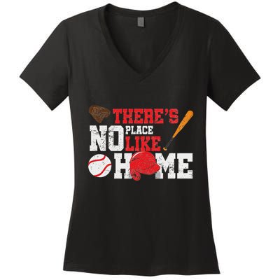 Baseball ThereS No Place Like Home Ball Bat Glove Women's V-Neck T-Shirt