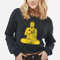 Buddha Texting On Cell Phone Cropped Pullover Crew