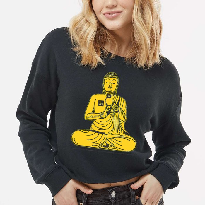 Buddha Texting On Cell Phone Cropped Pullover Crew