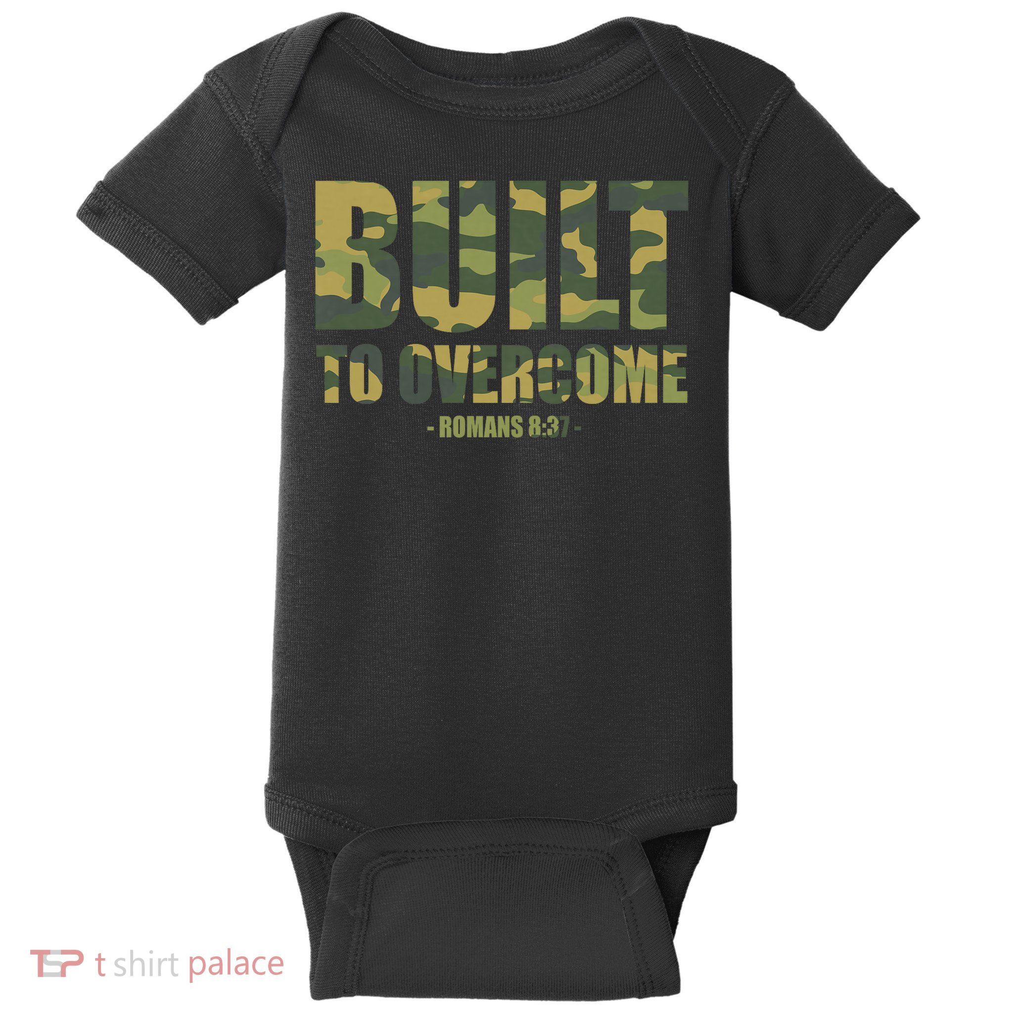 Built to Overcome Christian Men Camo Scripture Gym Workout Baby Bodysuit