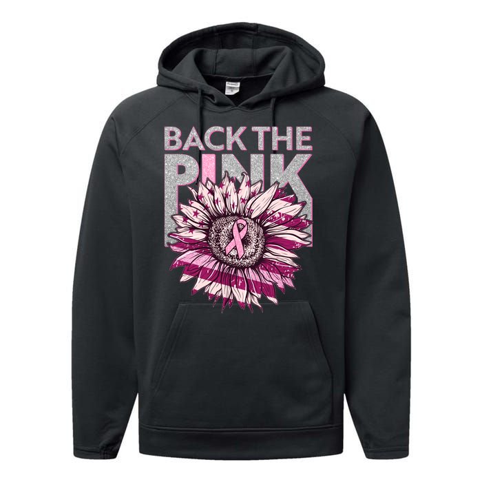 Back The Pink Breast Cancer Awareness Sunflower Ribbon Performance Fleece Hoodie