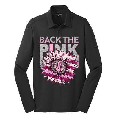 Back The Pink Breast Cancer Awareness Sunflower Ribbon Silk Touch Performance Long Sleeve Polo