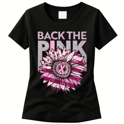 Back The Pink Breast Cancer Awareness Sunflower Ribbon Womens T-Shirt