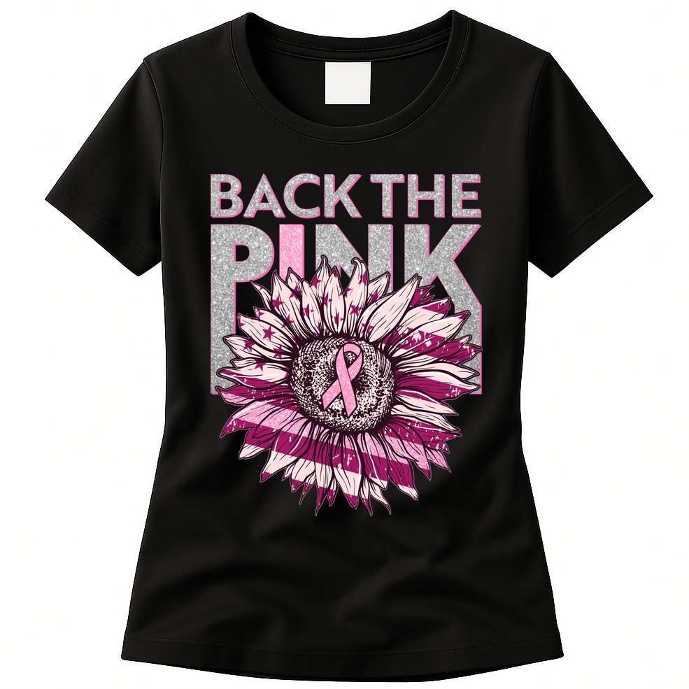 Back The Pink Breast Cancer Awareness Sunflower Ribbon Womens T-Shirt
