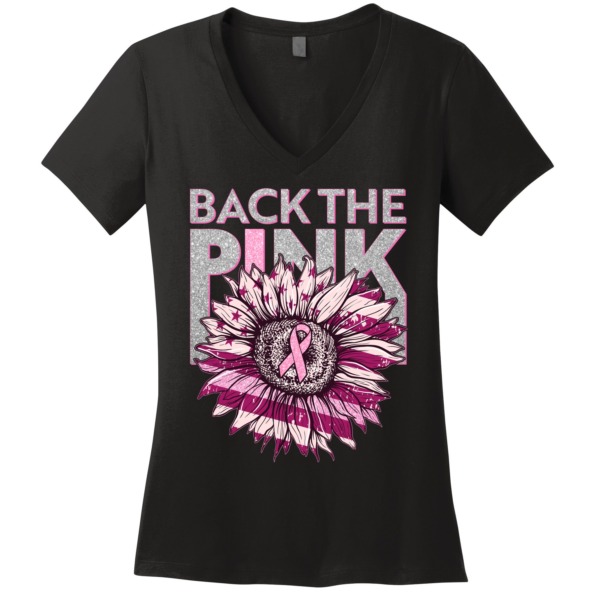 Back The Pink Breast Cancer Awareness Sunflower Ribbon Women's V-Neck T-Shirt