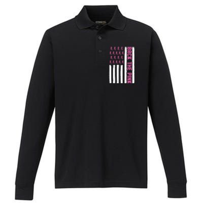 Back The Pink Breast Cancer Awareness Flag Performance Long Sleeve Polo