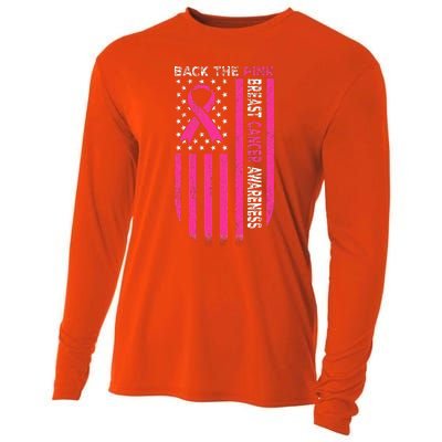 Back The Pink Ribbon American Flag Breast Cancer Awareness Cooling Performance Long Sleeve Crew