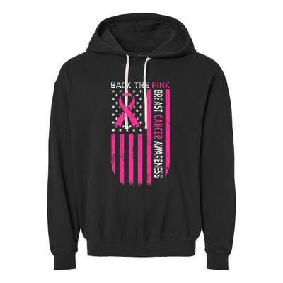 Back The Pink Ribbon American Flag Breast Cancer Awareness Garment-Dyed Fleece Hoodie